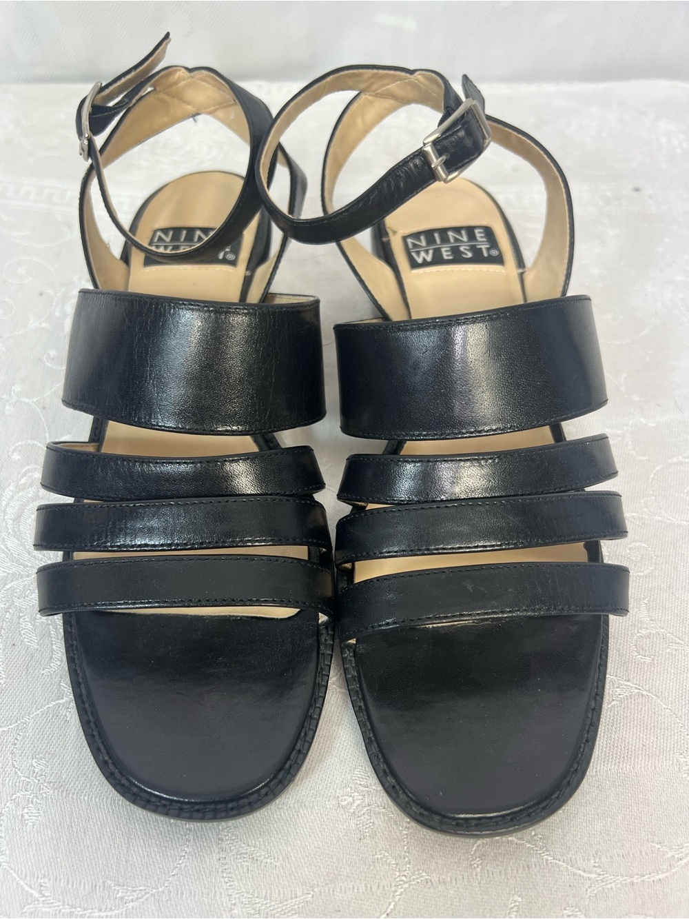 Nine West Sandals Black Leather Straps & Ankle Strap 1 1/2” Block Heels 7.5👍
